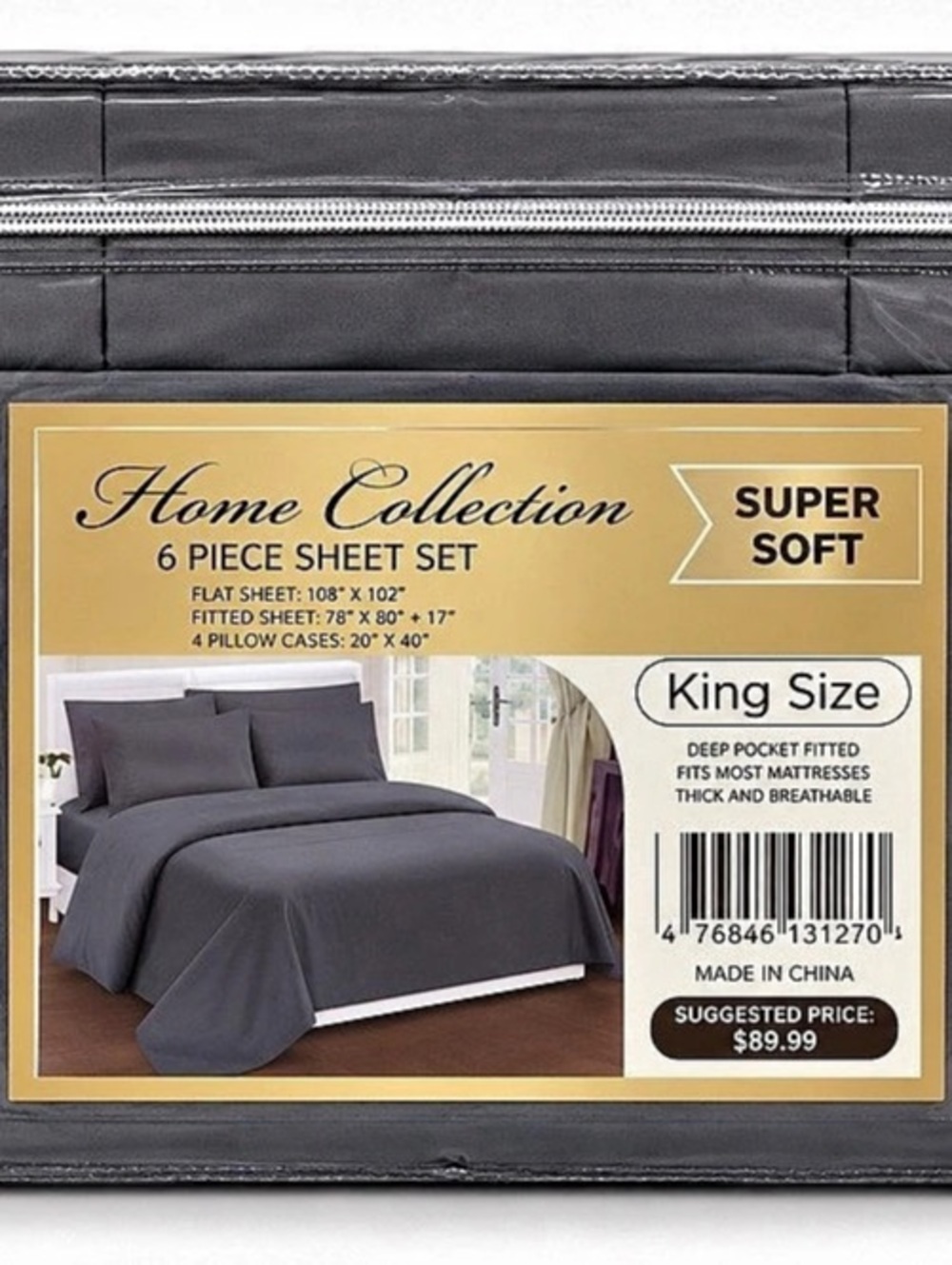 Home Collection 6 Piece Sheet Set King Size charcoal dark Gray/Black